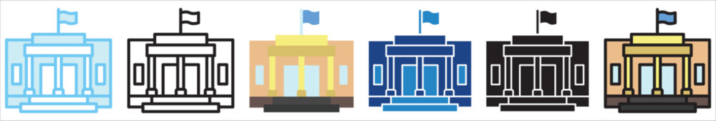 City Hall multi style, mini illustration icon. outline, flat, glyph, line color, UI, UX, app and web, digital or print. For education, construction, transportation, environment, urban planning.