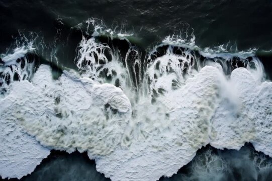 Aerial View of Powerful Ocean Waves Crashing on Coastal Waters Showing Nature's Dynamic Force