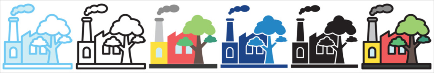 Factory multi style, mini illustration icon. outline, flat, glyph, line color, UI, UX, app and web, digital or print. For education, construction, transportation, environment, urban planning. © arga muria