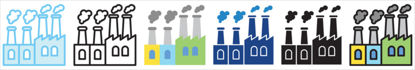 Industrial Zone multi style, mini illustration icon. outline, flat, glyph, line color, UI, UX, app and web, digital or print. For education, construction, transportation, environment, urban planning.