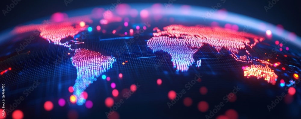 Poster a vibrant digital representation of a world map, illuminated with colorful data points, symbolizing 
