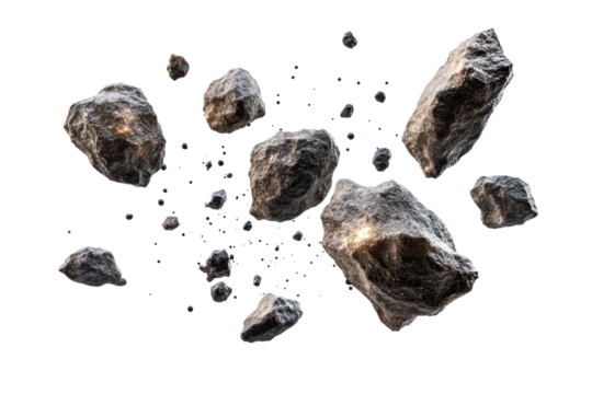 swarm of asteroids isolated on transparent or white background, png