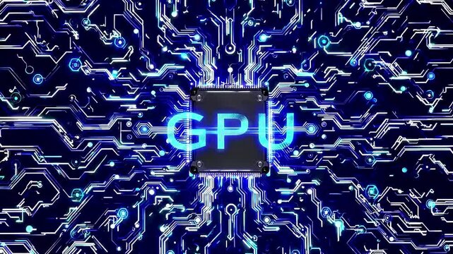 Circuit patterns with processor, text "GPU" glowing in the center, midnight blue gradient.
