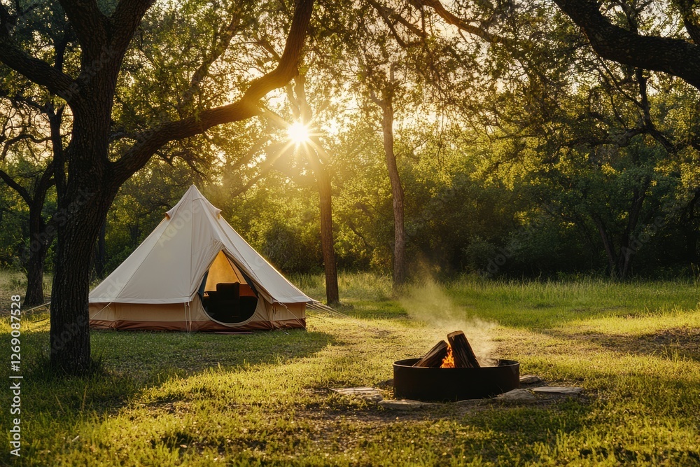Aufkleber camping at sunset with a cozy tent and a warm fire in a serene forest setting. generative ai