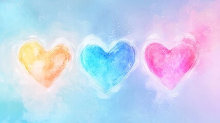 Fototapeta premium Watercolor effect neon heart banners with soft glowing outlines, pastel hues, romantic brush strokes, dreamy appearance