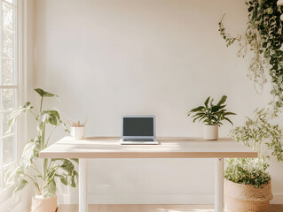 Workspace arranged with laptop and indoor plants in a bright, minimalistic environment during daytime