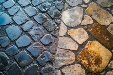 Driveway cleaning process revealing contrasting textures of stones and cobblestones under bright sunlight. Generative AI