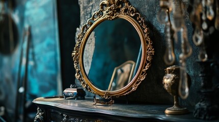 Ornate vintage mirror with golden frame in a dimly lit room