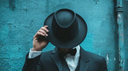 Mysterious man tipping his black hat in a dramatic portrait