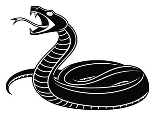 Fierce cobra in defensive stance, hood expanded, mouth agape. Intricate line work and bold contrast highlight the snake's dangerous beauty in this vector graphic