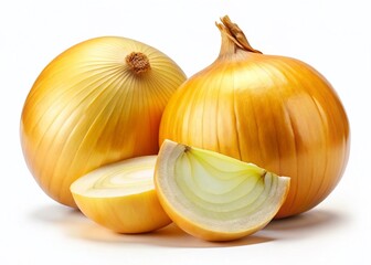 Night Photography: Close-up of Yellow Onion, Whole and Sliced, Isolated on White