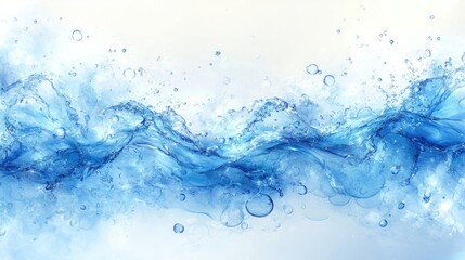 Dynamic splashes of blue water creating a vibrant wave against a light background, evoking freshness