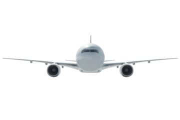 Front view of the white wide body passenger plane fly isolated