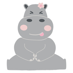 Cute cartoon hippo sitting with a playful expression and flower.