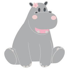Cute cartoon hippo with a flower, sitting happily.