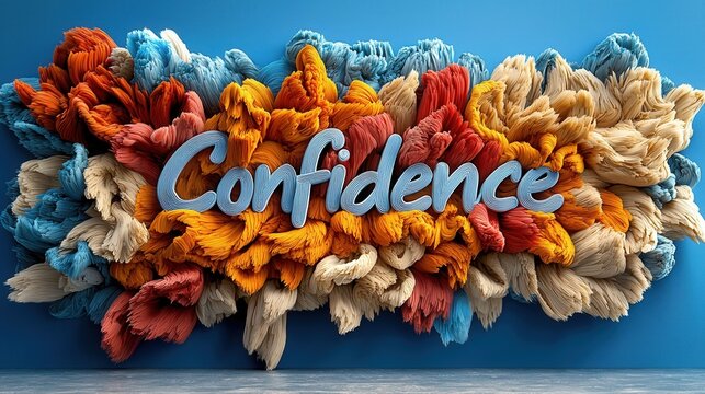 A vibrant artistic display featuring the word "Confidence" among colorful textured elements on a blue background.