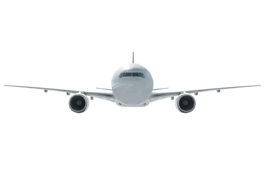 Front view of the white wide body passenger plane fly isolated