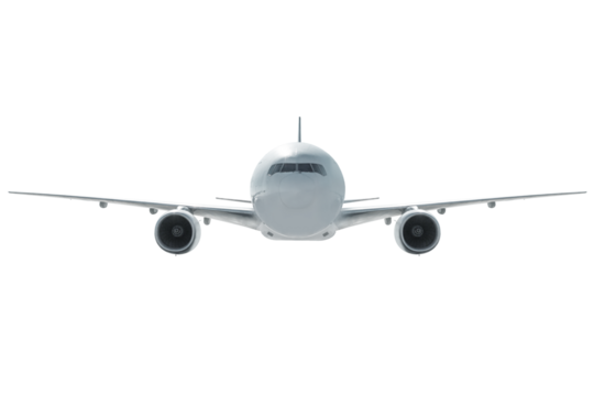 Front view of the white wide body passenger plane fly isolated