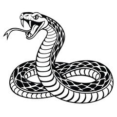 Monochrome vector art of coiled cobra, hood expanded, fangs visible, perfect for tattoos or logos.