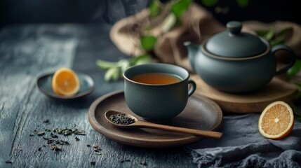 Traditional tea set with lemons on a textured dark table