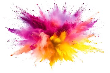Colored yellow and pink powder explosion on white background . Freeze motion.