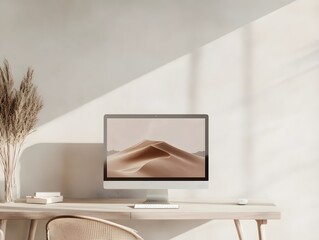 Stylish workspace featuring a computer displaying serene desert landscape with soft sunlight from...