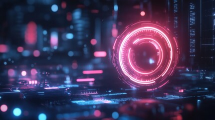 A futuristic smart logo with a glowing neon effect, floating in a high-tech environment with digital elements.