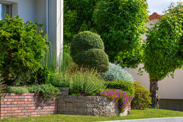 Obraz premium Petit jardin paysagé au printemps au pied d'une maison moderne et ses plantes vertes.