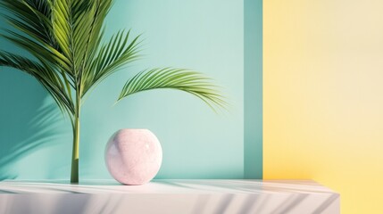 Obraz premium Minimalist decor with a pink vase and green leaf on a gradient background