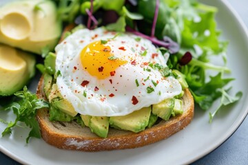 Culinary breakfast delight high angle shot of avocado toast and poached egg cozy kitchen setting food photography gourmet experience
