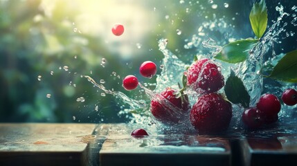 Fresh raspberries splashing in water with vibrant lighting