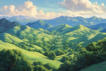 Fototapeta premium Lush Green Rolling Hills Under Bright Blue Sky with Soft Clouds