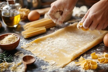 Fototapeta premium Culinary masterclass creating fresh pasta dough in a rustic kitchen capturing the heart of italian cuisine warm ambiance close-up view food photography inspiration