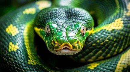 Obraz premium Closeup of a green snake with intricate scale patterns