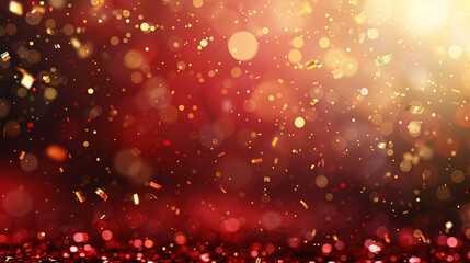Festive red background adorned with golden sparkle confetti.