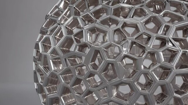 Futuristic metallic geometric sphere with an intricate honeycomb structure. A high-tech 3D abstract design, perfect for modern, industrial, and architectural visual projects.