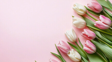 Obraz premium Pink and white tulips on a soft pink background 