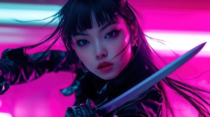 Dancer showcases martial arts skills with sword in vibrant neon setting during a dynamic performance