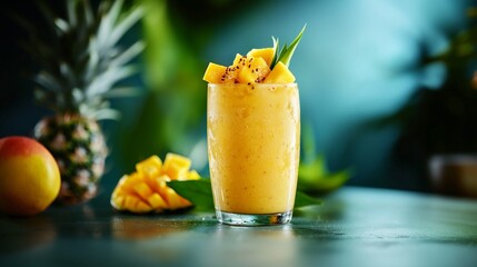 Fototapeta premium Refreshing tropical smoothie with pineapple and mango in a glass. Healthy summer drink.