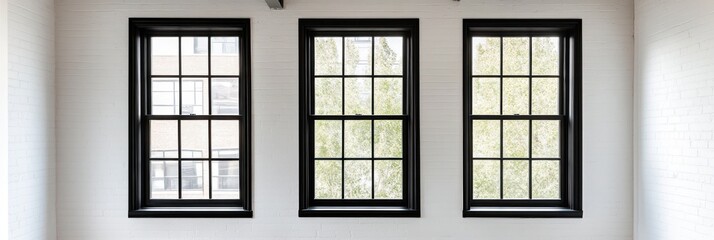 Three black framed windows in a white brick wall