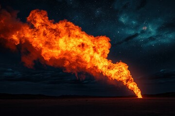 Fire breather creating a stunning fire plume under a starry night sky in a desert setting. Generative AI