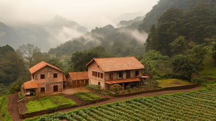 Fototapeta premium Scenic Rural Landscape with Houses and Misty Mountains in Background