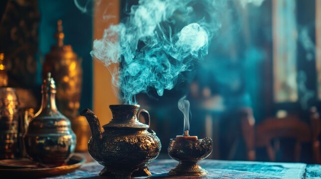 Vintage teapot releasing dramatic steam in a cozy setting
