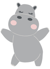 Cute cartoon hippo with a joyful expression and raised arms.