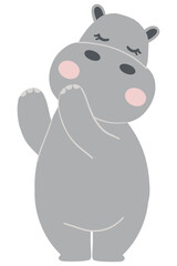 Cute cartoon hippo waving happily with closed eyes.