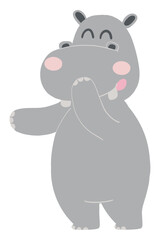 Cute cartoon hippo with a cheerful expression and waving hand.