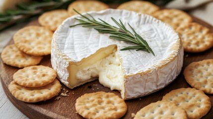 A creamy wheel of camembert with a cut section revealing its soft, oozing center, surrounded by crackers and fresh rosemary.
