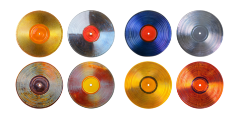 Vintage Vinyl Records in Various Colors and Patterns on Display