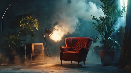 Vintage armchair with dramatic lighting in a smoky room