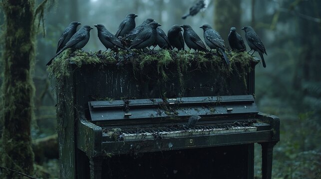 Mystical forest scene with birds perched on an old piano.